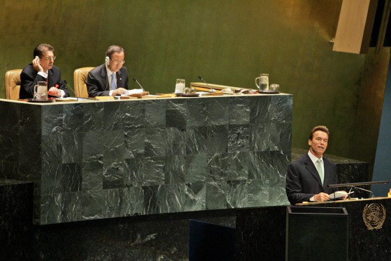 California Gov. Arnold Schwarzenegger addresses the U.N. Climate Summit on Monday at U.N. headquarters in New York. U.N. Secretary-General Ban Ki-moon, top right, earlier opened the summit by arguing that "inaction now will prove the costliest action."
