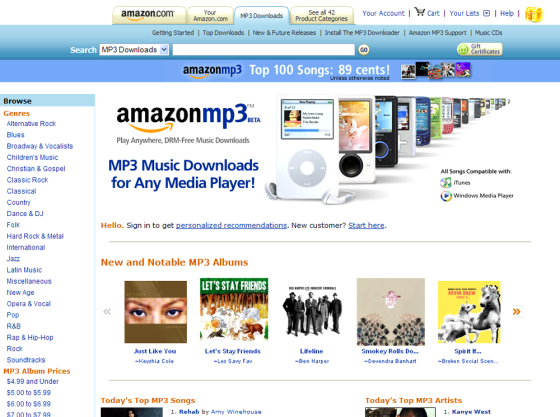 Screen grab of the newly launched ‘Amazon MP3’ music download service.