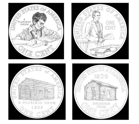 These artist renderings provided by the U.S. Mint shows four of the designs under consideration to replace the "tails" side of the Abraham Lincoln penny.