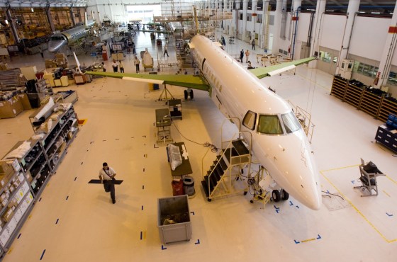 Embraer's employees work on several Legacy 600 executive jets at the company's factory in Sao Jose dos Campos, Brazil, Wednesday, June 27, 2007. (AP Photo/Victor R. Caivano)