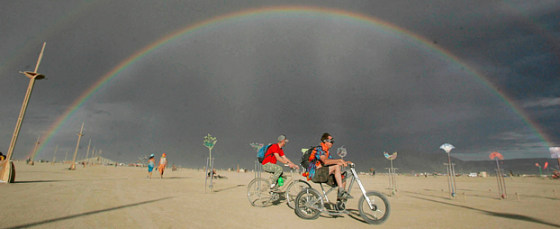 A rainbow is cast over the Black Rock Desert in Gerlach, Nev., during the Burning Man festival on Friday, Aug. 31, 2007. (AP Photo/Brad Horn)