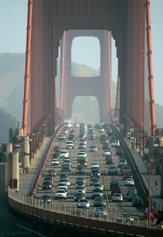 Traffic flows across the Golden Gate Bridge from Marin County into San Francisco. Traffic delays cost each Bay area commuter $1,121 in lost wages per year.