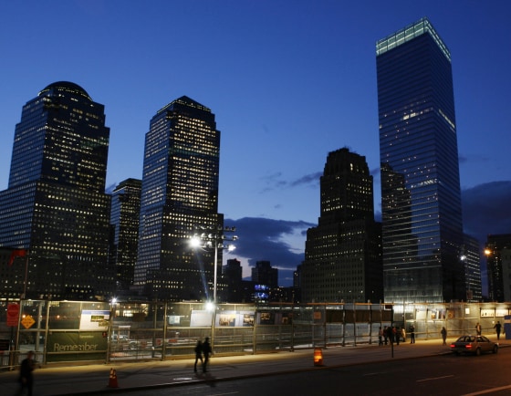 Seven World Trade Center, right, the last building to collapse as a result of the World Trade Center attacks, was the first to be permanently rebuilt.