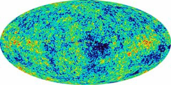This all-sky picture, produced by the Wilkinson Microwave Anisotropy Probe, shows minute temperature differences in the cosmic radiation left over from the Big Bang. Researchers analyzed those differences to determine how wide the universe is today and whether it includes a cosmic "hall of mirrors."