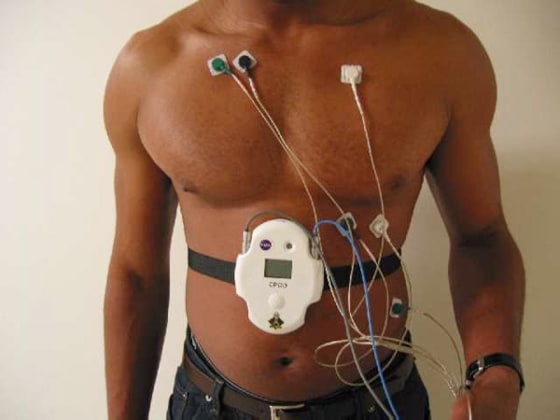 The heart of the LifeGuard physiological monitoring system is the Crew Physiological Observation Device, or CPOD, a device that is strapped around the waist and collects data to store or transmit to a base station nearby. 