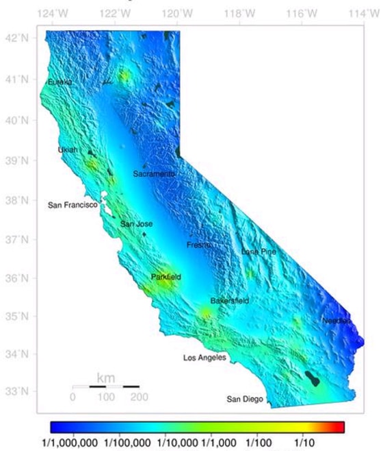 This color-coded earthquake forecast map from the U.S. Geological Survey shows the outlook for an earthquake strong enough to knock objects off shelves over the 24 hours ending at 9:22 a.m. PT Thursday. According to the map, the chances are pretty slim.
