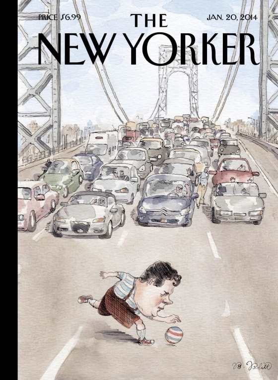 The New Yorker's cover for Jan. 20, 2014, takes on New Jersey Gov. Chris Christie over the George Washington Bridge Scandal. The image is “Playing in Traffic,” by Barry Blitt.