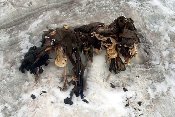 The bodies of three Austrian soldiers killed in World War One.