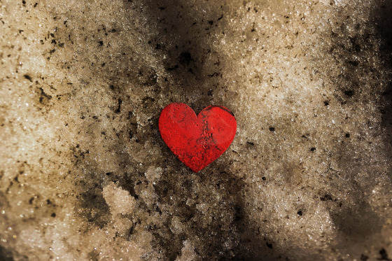 A paper heart is viewed on top of a melting mound of snow as temperatures in New York City reach into the mid 40s revealing trash that had been buried for weeks.