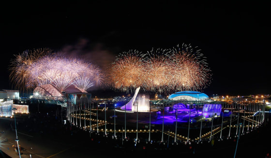 Image: Fireworks explode over the Olympic Park during the closing ceremony for the 2014 Sochi Winter Olympics