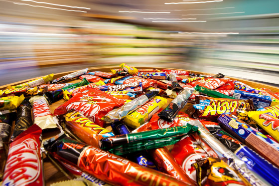 Different types of chocolate bars are seen in the company supermarket at the Nestle headquarters in Vevey