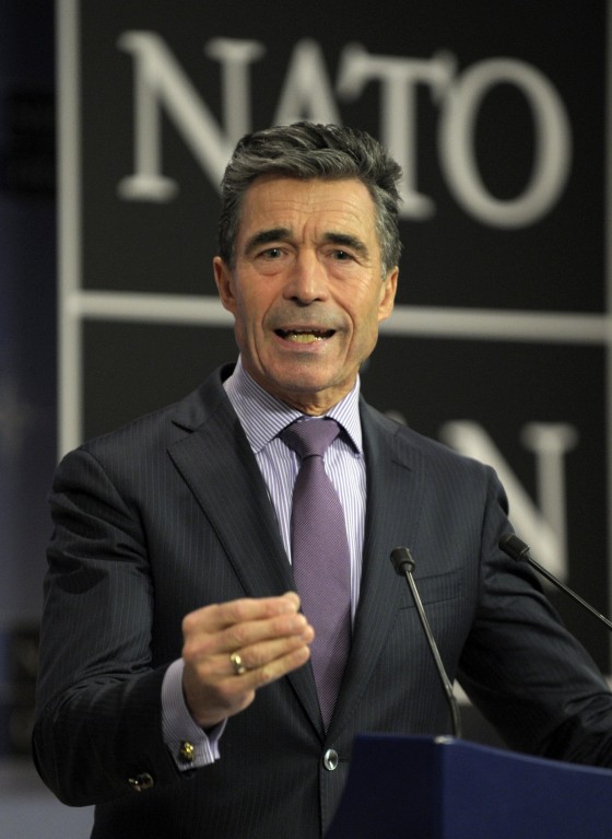 Image: NATO Secretary-General Rasmussen holds a news conference during a NATO defence ministers meeting at the Alliance headquarters in Brussels