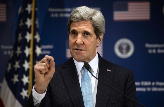 Image: US Secretary of State John Kerry gestures during a press conference held at the US Embassy in Kiev