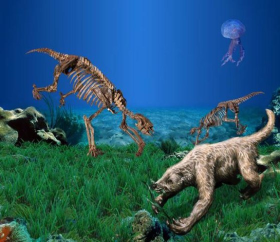 Skeletons and restoration of Thalassocnus, the marine sloth.