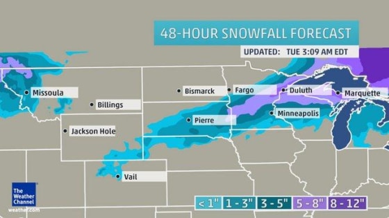 The Wealther Channel's 48-hour forecast of snow across the Great Plains and Midwest.