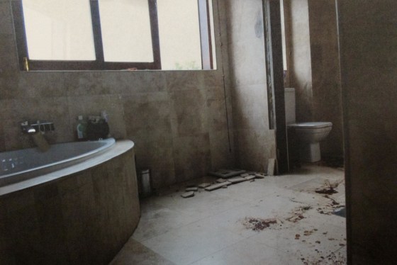 Oscar Pistorius’ bathroom three weeks after the Feb. 14, 2013, shooting. The door through which Pistorius shot Reeva Steenkamp was removed for investigation.