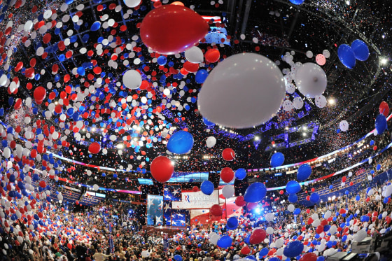Image: Balloons swirl in the air following Republican presidential candidate Mitt Romney's acceptance speech
