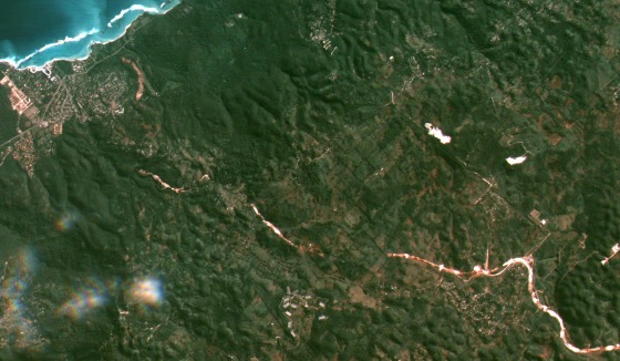 A crop of a larger image, showing Steer Town on the left and Moneague on the right. North in this image is not straight up but rather diagonally up and to the left.