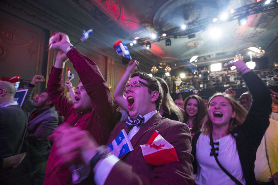 Image: Parti Liberal Québécois supporters celebrate victory in Montreal.