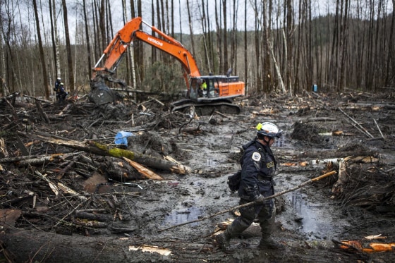 Image: Rescuers search the large debris pile left by a mudslide in Oso.