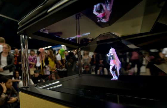 A hologram of Japanese singer Hatsune Miku performs during the Tokyo Crazy Kawaii event in Paris