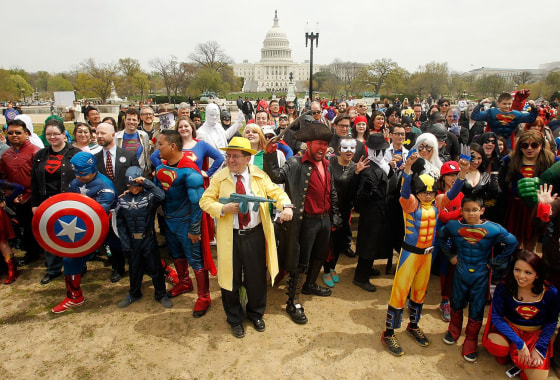 Superheroes and villains attend the 2014 Guinness World Records attempt to break the record for the largest gathering of people dressed as comic book characters on the National Mall on April 18, in Washington, DC. At 237 characters, the attempt fell short of the current record of more than 1,500 which was set in China in 2011.
