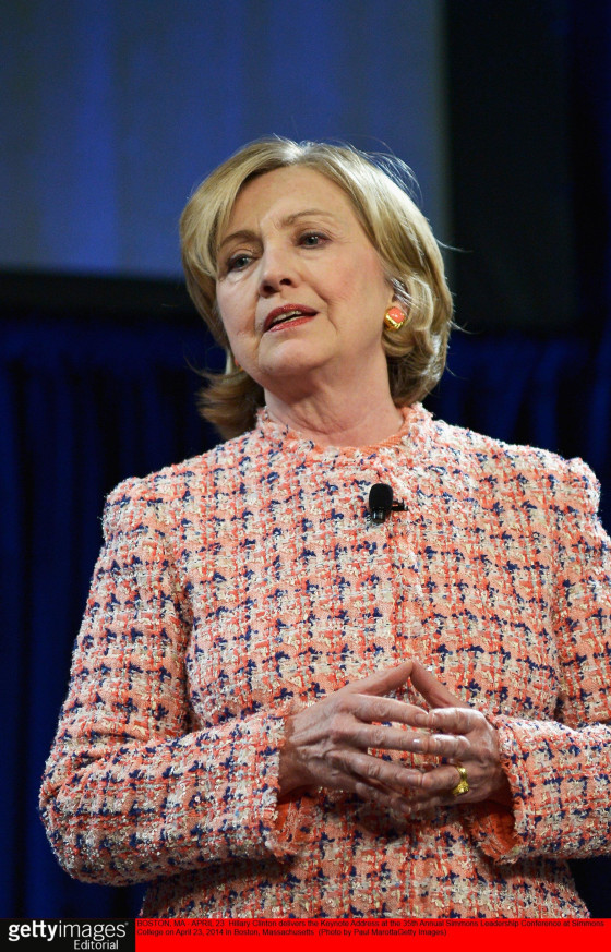 BOSTON, MA - APRIL 23: Hillary Clinton delivers the Keynote Address at the 35th Annual Simmons Leadership Conference at Simmons College on April 23, 2014 in Boston, Massachusetts. (Photo by Paul Marotta/Getty Images)