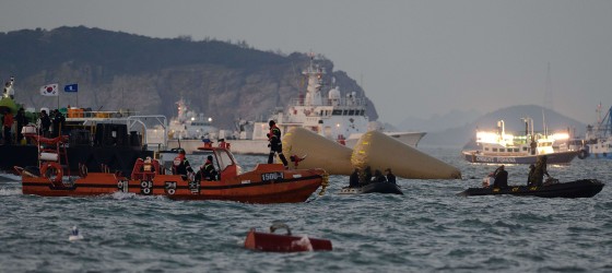 Coatguard boats and search and rescue teams take part in recovery operations at the site of the Sewol ferry off the coast of the South Korean island of Jindo on Thursday.