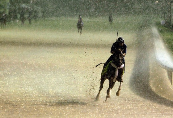 Image: Exercise rider Abel Flores takes Kentucky Derby hopeful Tapiture for a morning workout