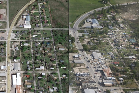 This combination photo shows the damage from the path of a tornado that ripped through Quapaw, Okla., on April 28.