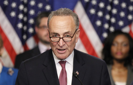 Image: U.S. Senator Schumer, part of the U.S. Senate's \"Gang on Eight\", speaks during a news briefing on Capitol Hill in Washington