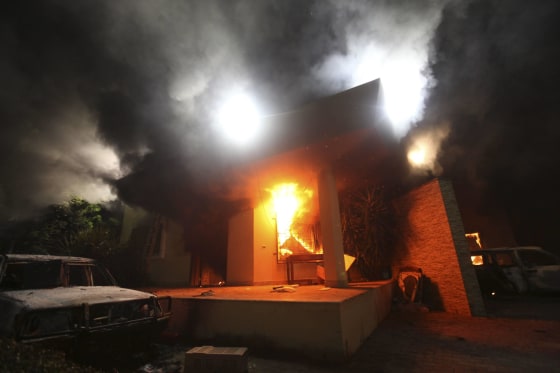 Image: File of the U.S. Consulate in Benghazi is seen in flames during a protest