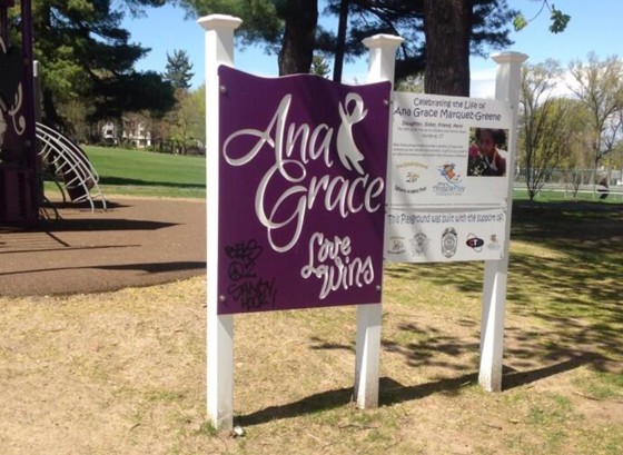 Image: Graffiti was sprayed on the bottom left of a memorial sign.