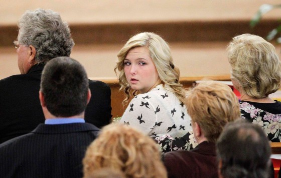 Image: File photo of Hannah Anderson looking back into the crowd during the memorial service for her mother and brother in Santee, California