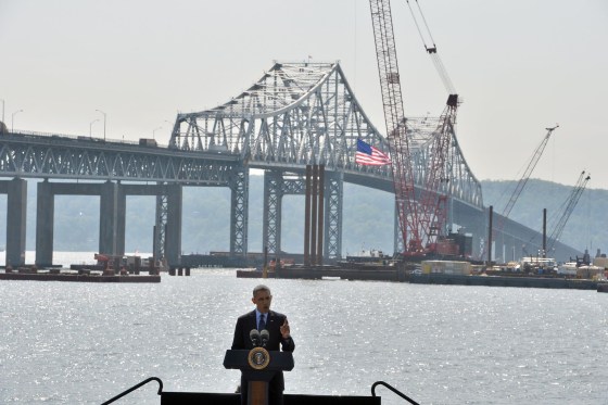 Standing on stage with a backdrop of the Tappan Zee bridge, US President Barack Obama speaks on the need for a "21st Century Transportation Infrastructure" in Tarrytown, New York, on May 14, 2014. AFP PHOTO/Jewel SamadJEWEL SAMAD/AFP/Getty Images