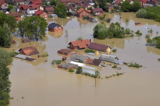 An aerial view of the flooded area near the Bosnian town of Brcko along the river Sava, 120 miles north of the Bosnian capital of Sarajevo. Three months' worth of rain fell on the Balkan region in three days, producing the worst floods since rainfall measurements began 120 years ago.