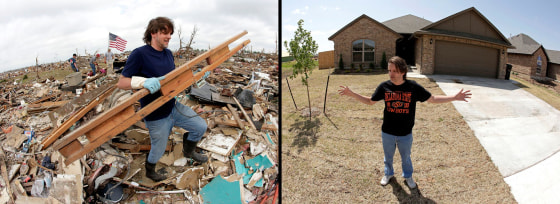 Image: In this photo combination, Kevin Kressler carries away debris at his tornado-ravaged home on May 25, 2013, in Moore, Okla. left. At right, Kressler stands for a photo in front of his new home on May, 8, 2014.