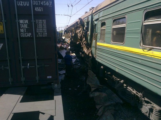 Image: A view shows a passenger train damaged in a collision with a freight train in Moscow region