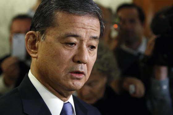 Image: Shinseki addresses reporters after testifying before a Senate Veterans Affairs Committee hearing on VA health care, on Capitol Hill in Washington
