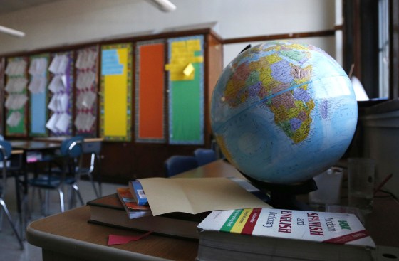Image: A globe sits in an elementary school classroom.