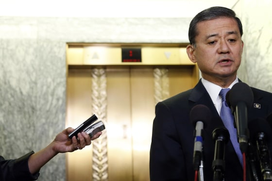 Image: Shinseki addresses reporters after testifying before a Senate Veterans Affairs Committee hearing on VA health care, on Capitol Hill in Washington