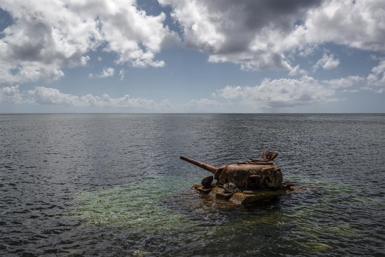 U.S. Sherman tank off the coast of Saipan
