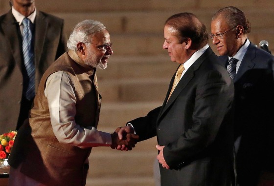 Image: India's PM Narendra Modi is greeted by his Pakistani counterpart Nawaz Sharif