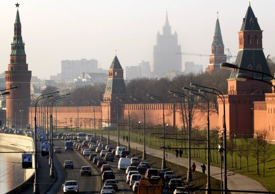 A traffic jam forms outside the Kremlin palace walls in Moscow, named the world's most car-congested city.