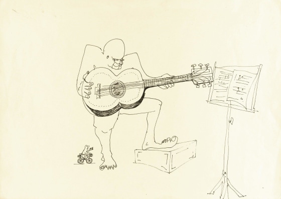 John Lennon's ink drawing of a four-eyed guitarist fetched $109,375 at Sotheby's auction house in New York on Wednesday.