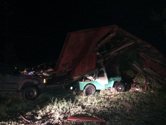 A barn collapsed on top of a vehicle after a storm passed through Hugo, Colorado.