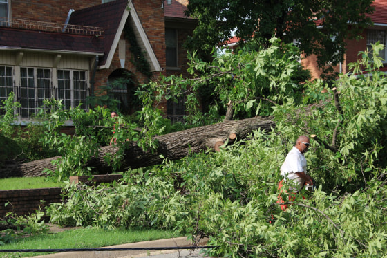 Image: A maintenance worker for Craighead Park, cuts the limbs off a fallen tree that took out a power line on the corner of McClure and Washington in Jonesboro, Ark.