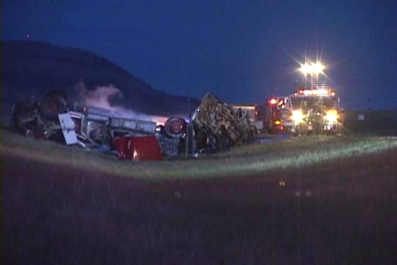 Image: The scene of a fatal crash between a fire truck and pickup truck on a Montana road