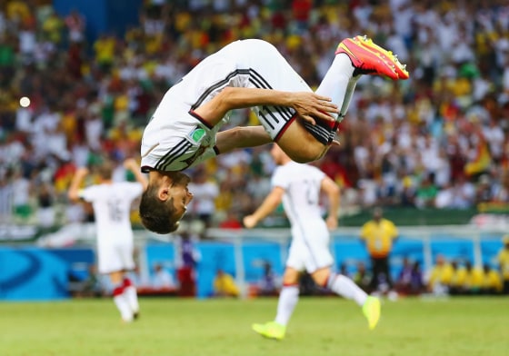 Image: Miroslav Klose of Germany does a flip in celebration of scoring his team's second goal during the 2014 FIFA World Cup Brazil Group G match between Germany and Ghana