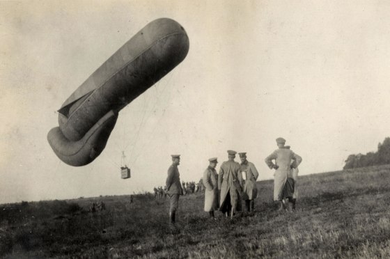 German officers stand near an observation balloon near the Western Front in this handout picture taken in 1915. 